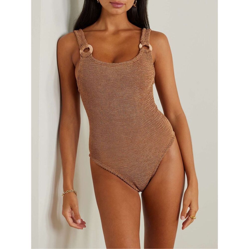 Hunza G Women Brown Domino Embellished Metallic One Piece Swimsuit One Size NWOT - Picture 3 of 10